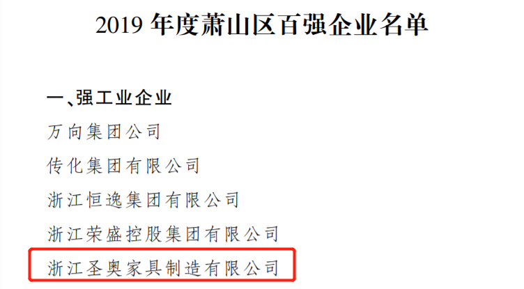 圣奧辦公家具榮獲“2019年度蕭山區百強企業”稱號